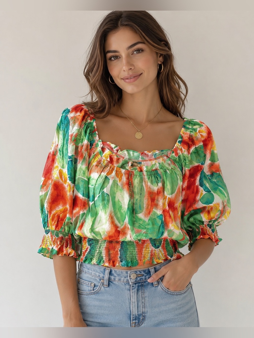 Easel NWT Floral Smocked Crop Top Puff Sleeve Boho Small